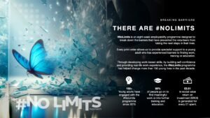 There Are #NoLimits slide for client-facing presentations and stakeholder review with a blue butterfly breaking through glass