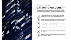 Visitor Management showing a high rise building at night with multiple lights turned on from the outside