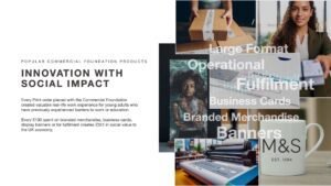 Innovation With Social Impact slide for client-facing presentations and stakeholder review displaying a variety of print services