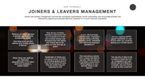 Joiners & Leavers Management slide from the DaaS presentation with 8 boxes of information over a dark bokeh background