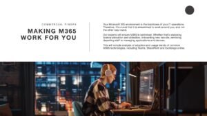 Making M365 work for you slide deck presentation about FinOps services with an image of a woman working from home wearing headphones and glasses