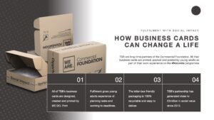 How Business Cards Can Change A Life slide for client-facing presentations and stakeholder review featuing mockups of boxes branded by the Commercial Foundation