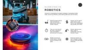 Robotics slide featuring three images of AI robotics in cleaning and service positions