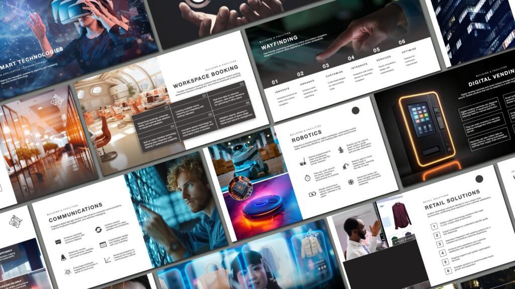 Smart Technology Slide Deck Mockup showing a selection of slides from the deck at an angle with a 3D effect