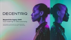 Beyond the legacy DMP eBook for Decentriq page 1 featuring an image of a woman's reflection in purple and turquoise wearing a black jacket