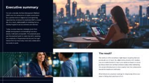 Executive summary Beyond the legacy DMP eBook for Decentriq page page 2 showing an image of a friendly professional meeting bewteen 2 women and another image of a woman on a rooftop looking at her tablet in the evening