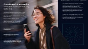 From blueprint to practice Beyond the legacy DMP eBook for Decentriq page 8 showing a happy woman with her phone in her hands walking in the city