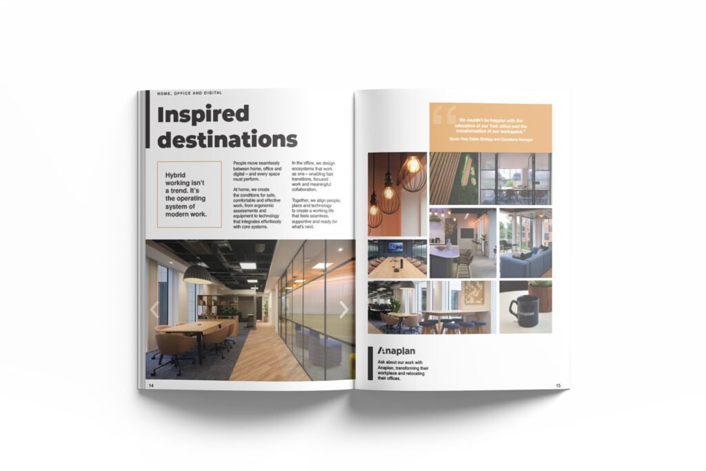 A mockup of an inner page from the eBook, Room to Grow - The Future of Our Workspaces about interior design services